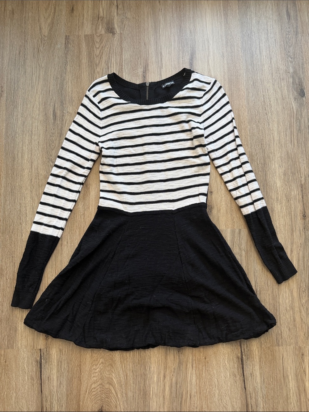 Express Black & White Striped Long-Sleeve Fit-and-Flare Dress